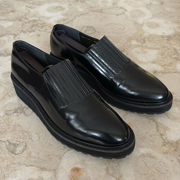 Loeffler Randall Black Leather Wedge Lug Sole Loafers Oxford Shoes - Picture 2 of 14